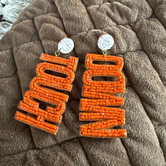 Jewelry - Orange Beaded “TOUCH DOWN” football Earrings